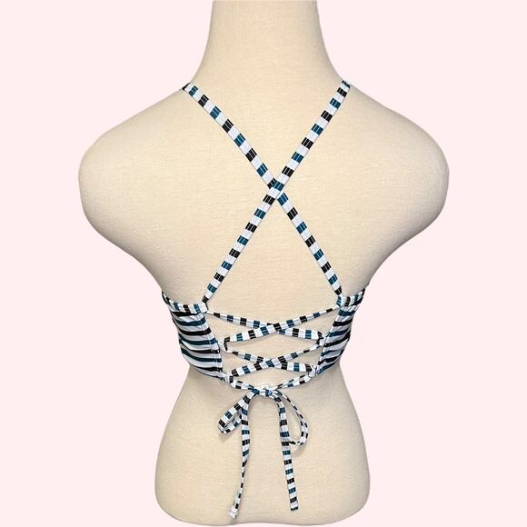 NWOT black, white & green stripes strappy back lace up halter bikini top size XS - Picture 7 of 8